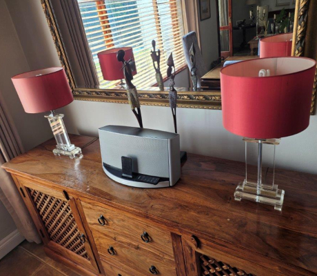 (LF3) Set of 2 glass base lamps with red shades from London