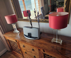 (LF3) Set of 2 glass base lamps with red shades from London