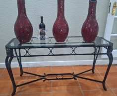 (ALB 25/4 - No:22) - Metal console server with a black frame and a glass top (127cm W x 65cm H x 44cm D)